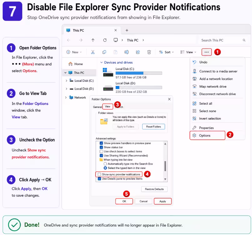 Windows 11 Folder Options showing sync provider notifications disabled in File Explorer