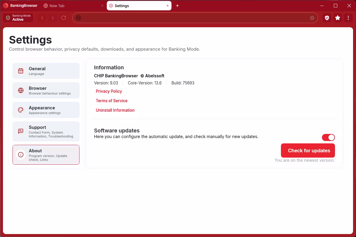 BankingBrowser 2027 Settings About page showing version 9.03, automatic updates enabled and You are on the newest version message