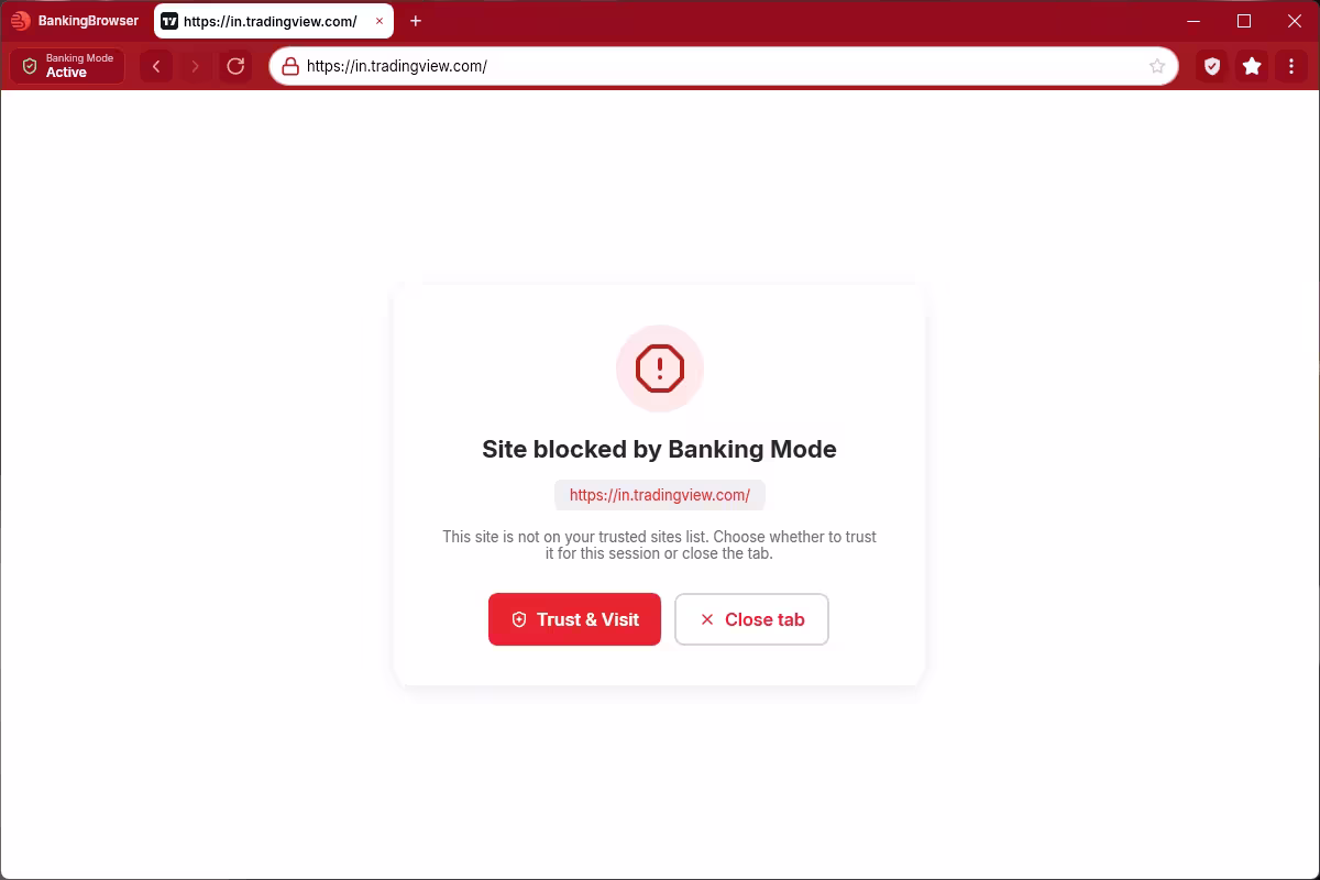 BankingBrowser 2027 Site blocked by Banking Mode page with Trust and Visit and Close tab buttons