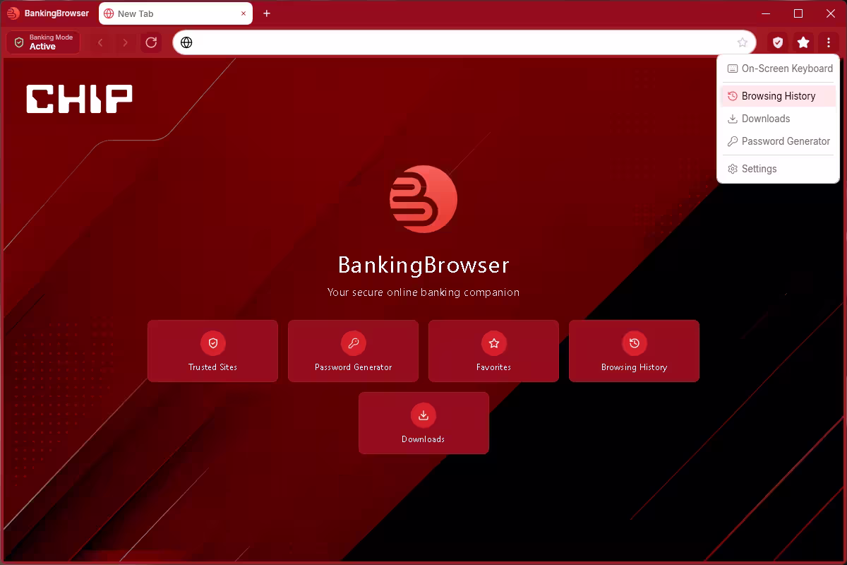 BankingBrowser 2027 start tab with tool tiles and three-dot menu showing On-Screen Keyboard and Password Generator