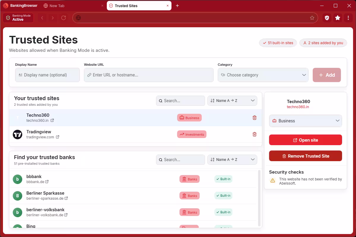 BankingBrowser 2027 Trusted Sites manager showing 51 built-in sites and user-added sites with categories
