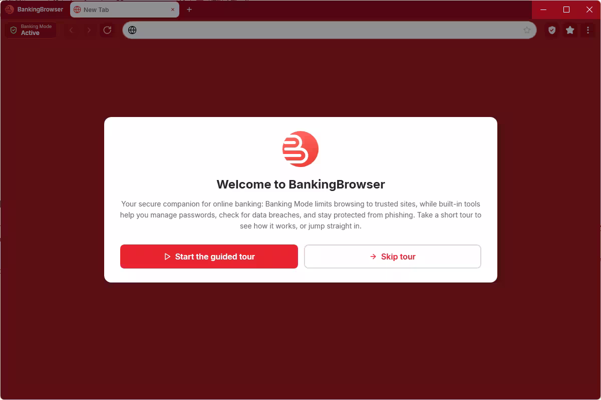 BankingBrowser 2027 welcome screen with guided tour and skip tour buttons