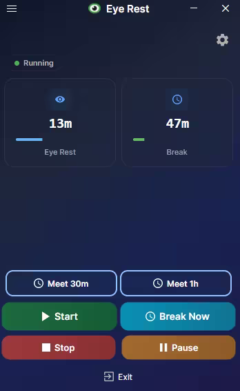 Compact EyeRest dashboard displaying eye-rest and break timers with quick controls for starting, pausing, and managing breaks.