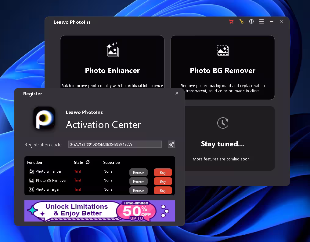 Leawo Photo Enhancer license activation screen showing free 1-year giveaway code entry