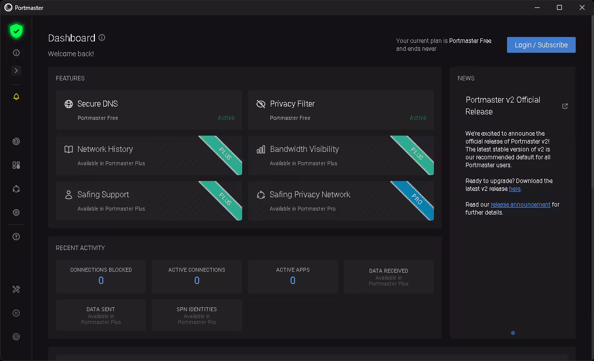 Portmaster dashboard displaying Secure DNS, Privacy Filter, network statistics, and security features.