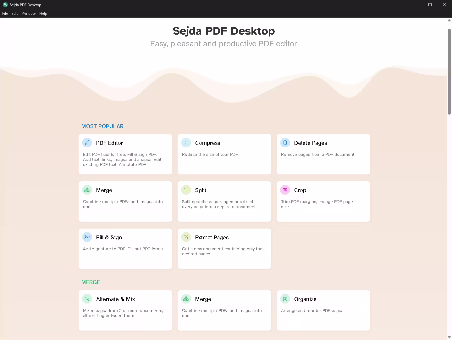 Sejda PDF Desktop editor interface for Windows