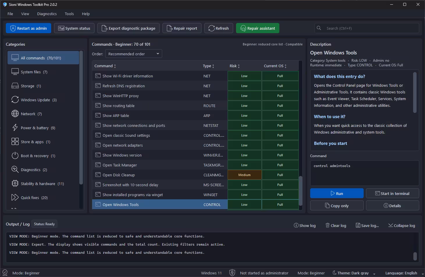 Sioni Windows Toolkit Pro 2.0.2 Beginner mode showing 70 of 101 commands with risk and Windows compatibility columns