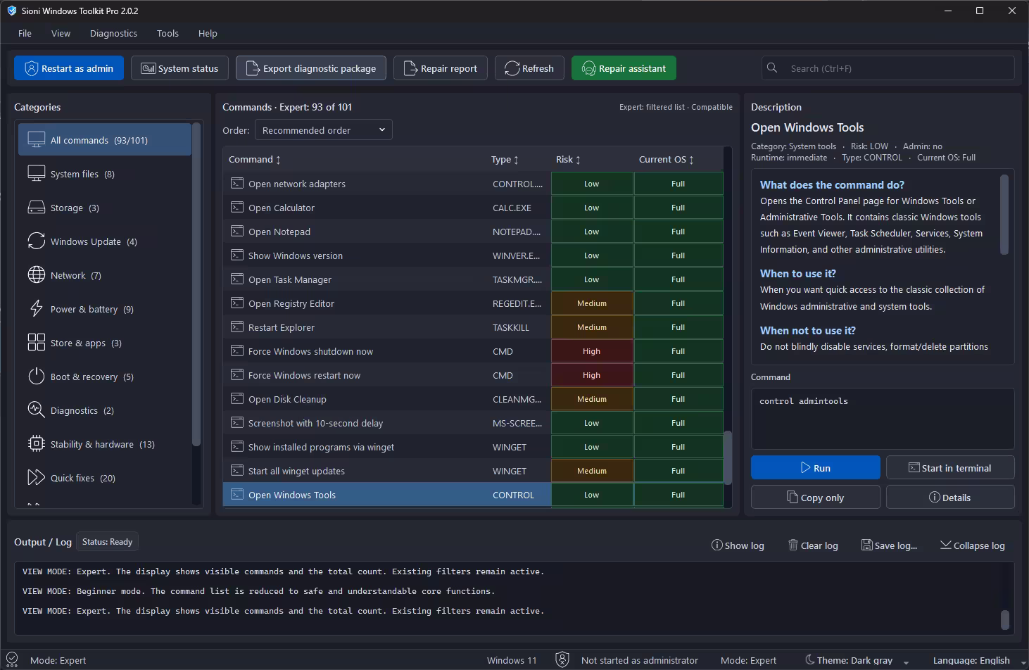 Sioni Windows Toolkit Pro 2.0.2 Expert mode showing 93 of 101 commands including Medium and High risk entries