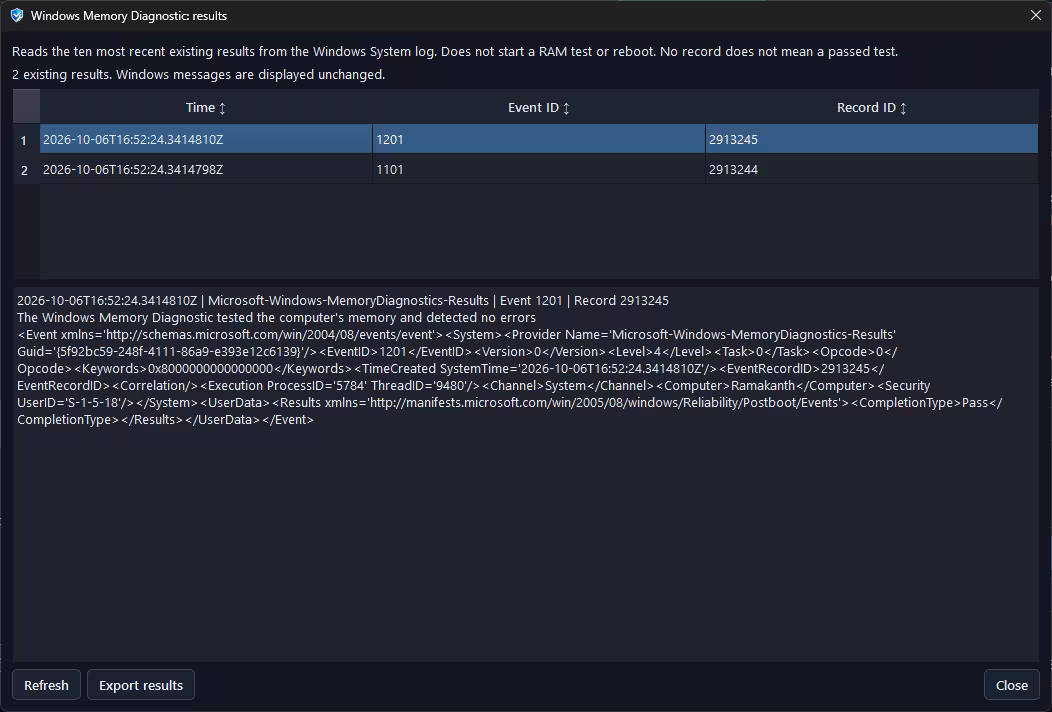 Sioni Windows Toolkit Pro Windows Memory Diagnostic results viewer showing a passed memory test from the Windows System log