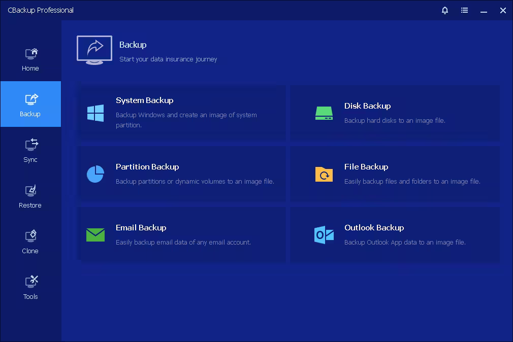 CBackup Professional backup options showing System Backup, Disk Backup, Partition Backup, File Backup, Email Backup, and Outlook Backup.