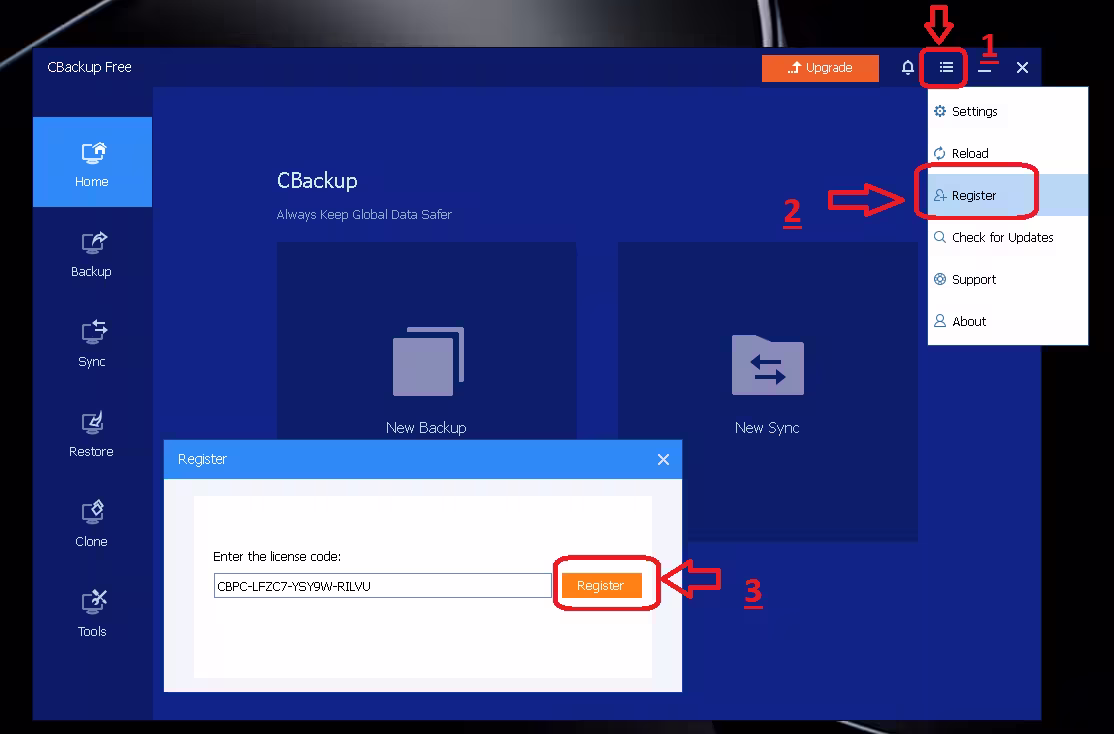 Step-by-step activation of CBackup Professional using the free giveaway license code through the Register menu.