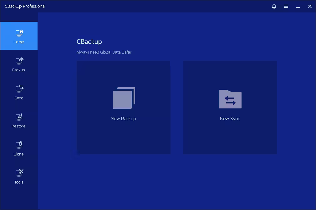 CBackup Professional home screen showing backup and synchronization options for Windows users.
