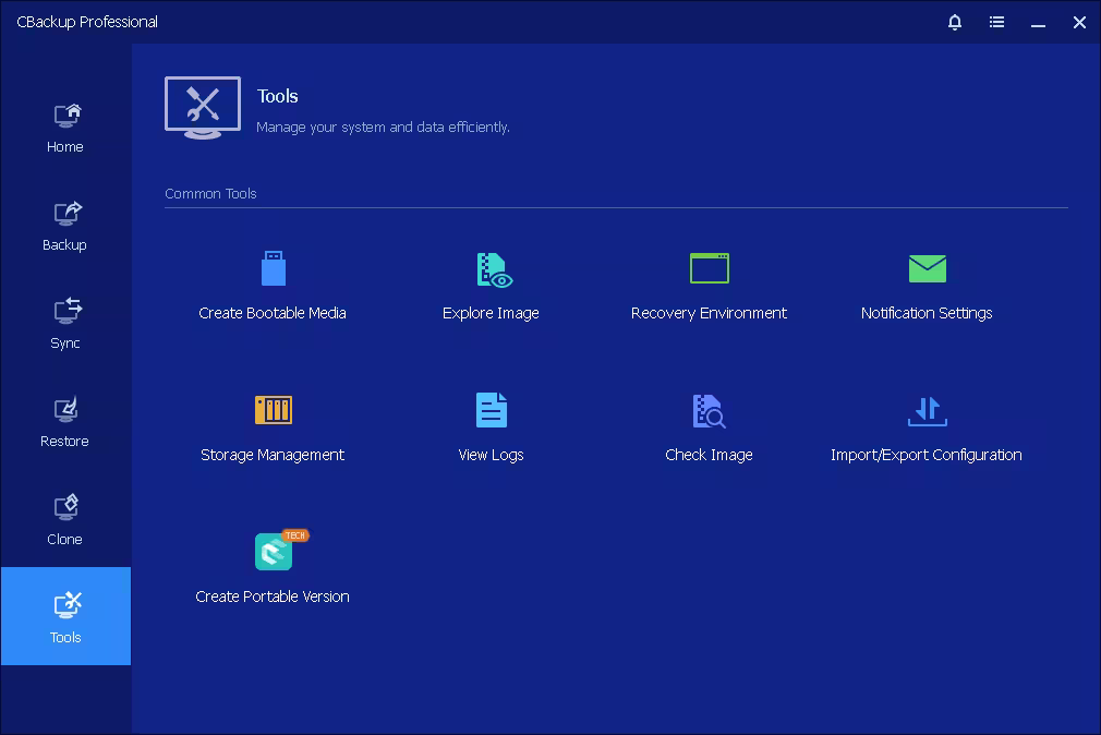 CBackup Professional Tools section displaying bootable media creation, recovery environment, image explorer, storage management, and portable version tools.