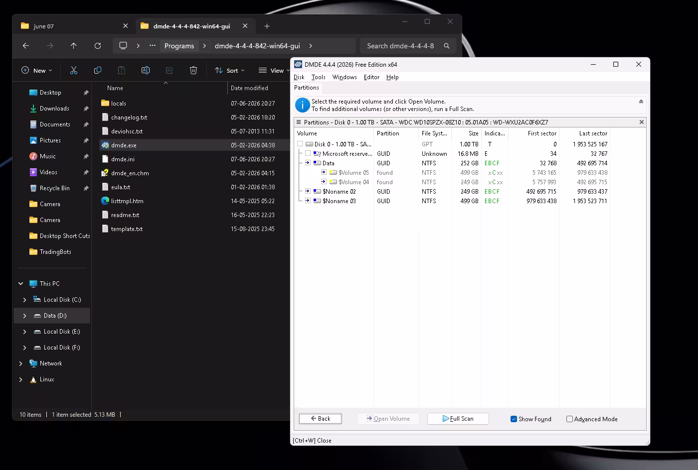 DMDE data recovery software displaying recovered NTFS partitions and directory reconstruction results on a Windows 11 PC.