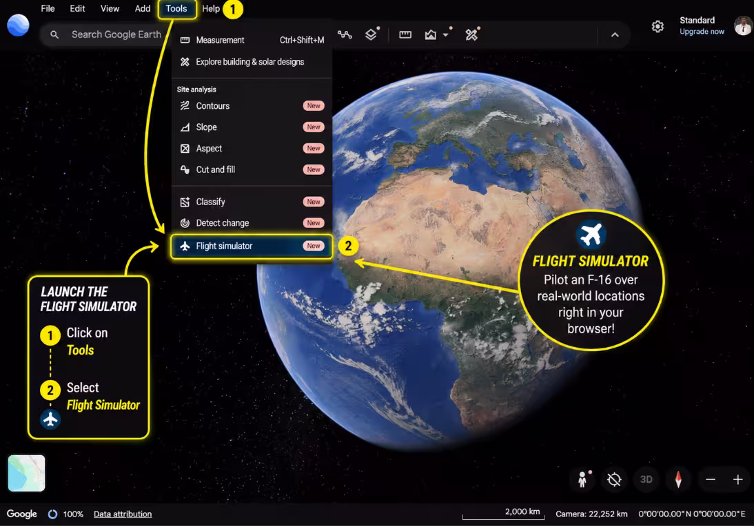 Google Earth Tools menu displaying the new Flight Simulator option alongside terrain analysis and measurement tools.