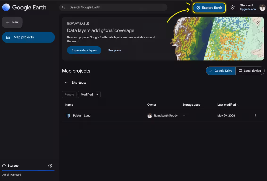 Google Earth web interface showing the Map Projects dashboard with a saved project and Google Drive integration.