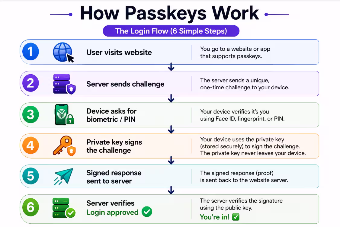 How passkeys work step by step — FIDO2 WebAuthn login flow diagram