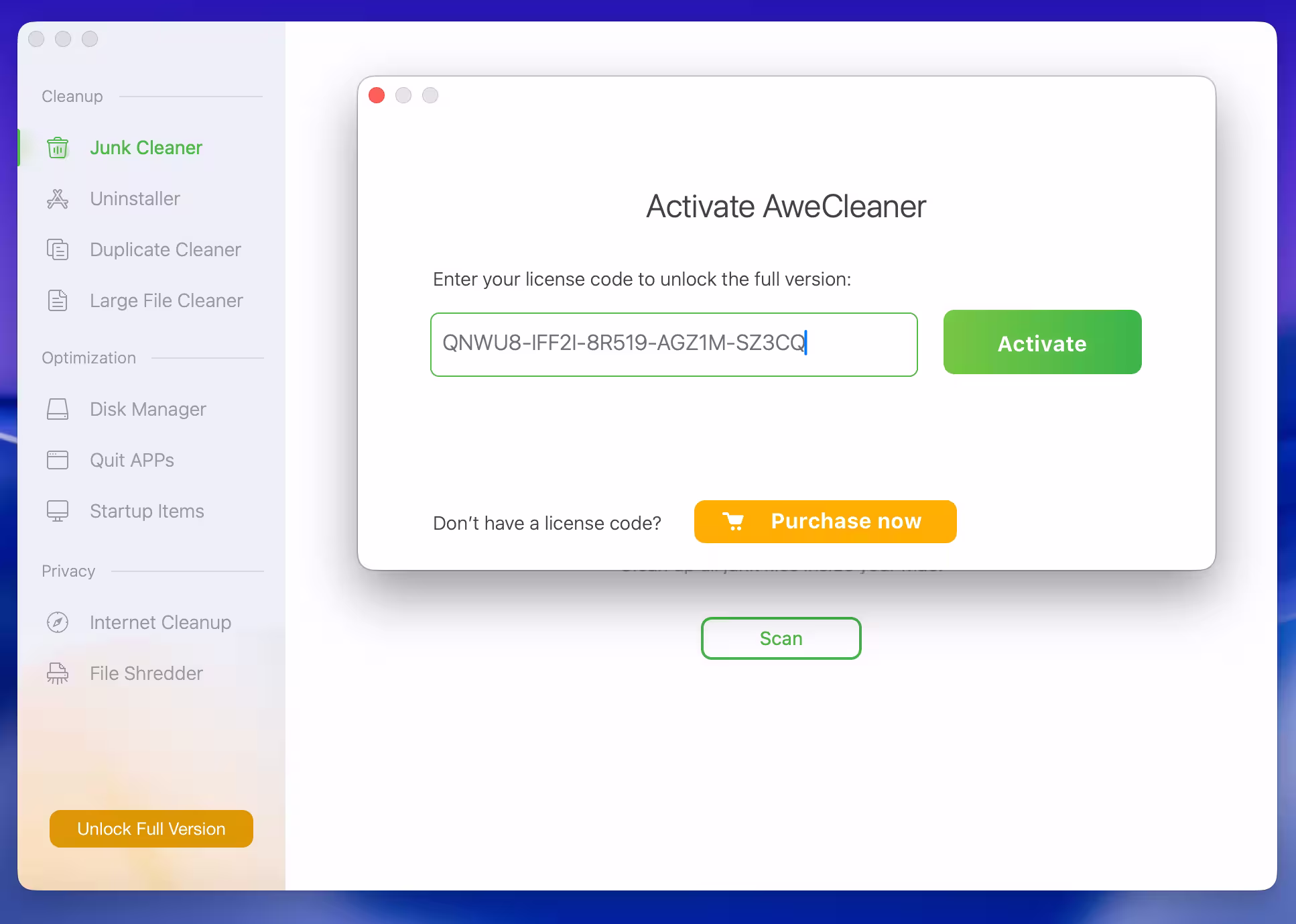 Magoshare AweCleaner activation window where users can enter a license key to unlock the full version of the software.