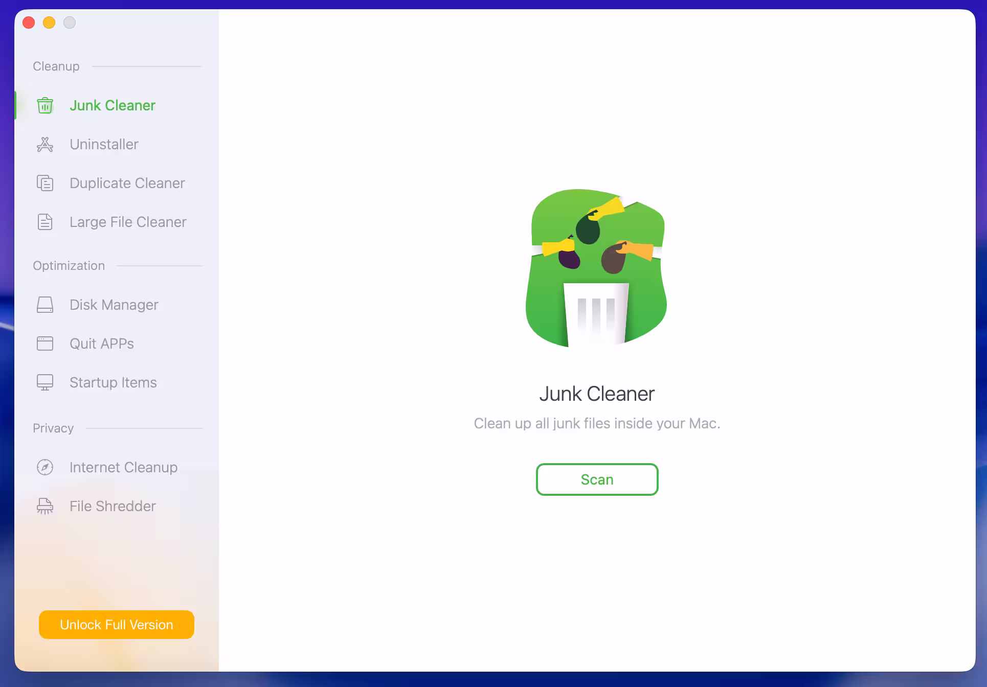 Magoshare AweCleaner for Mac main interface showing Junk Cleaner selected with cleanup, optimization, and privacy tools available in the sidebar.