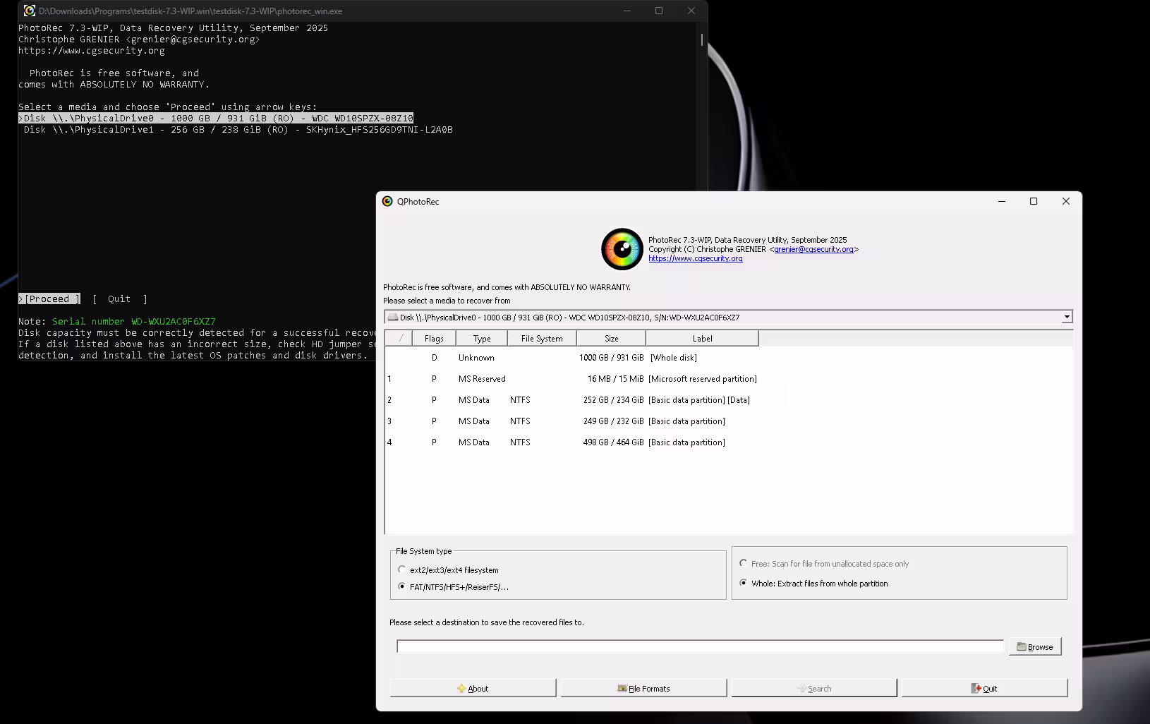 PhotoRec free data recovery software showing drive and partition selection options before scanning a Windows 11 system.
