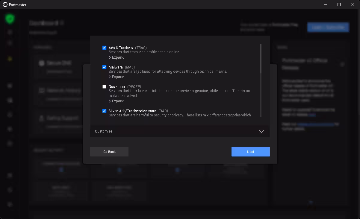 Portmaster privacy filter settings showing options to block trackers, malware, deceptive services, and mixed threat lists.