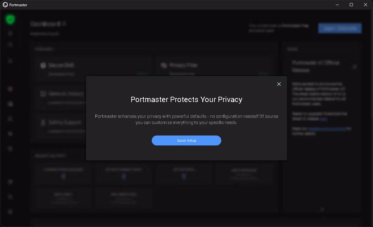 Portmaster Quick Setup wizard introducing privacy protection features and initial configuration options.