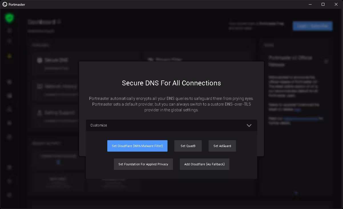Portmaster secure DNS configuration screen with Cloudflare, Quad9, AdGuard, and privacy-focused DNS providers.