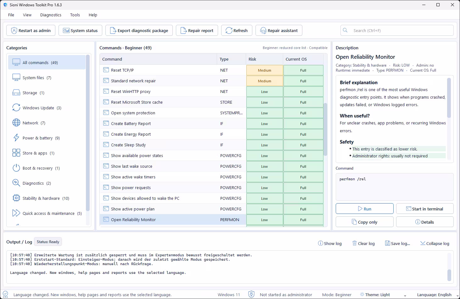 Sioni Windows Toolkit Pro displaying the complete list of beginner-friendly Windows maintenance and repair commands across multiple categories.