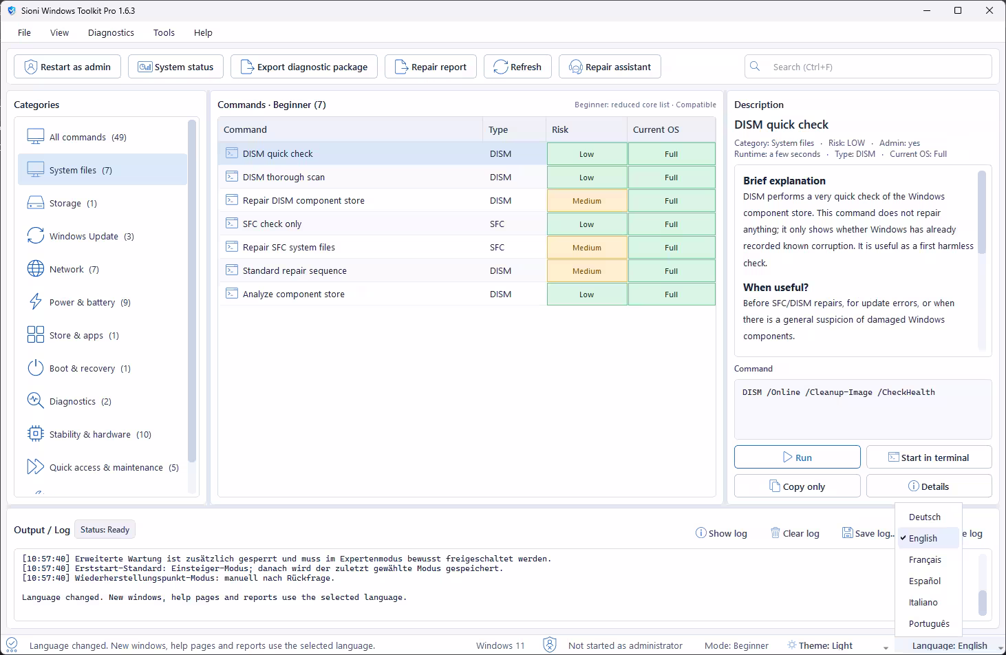 Sioni Windows Toolkit Pro language menu showing support for English, German, French, Spanish, Italian, and Portuguese.