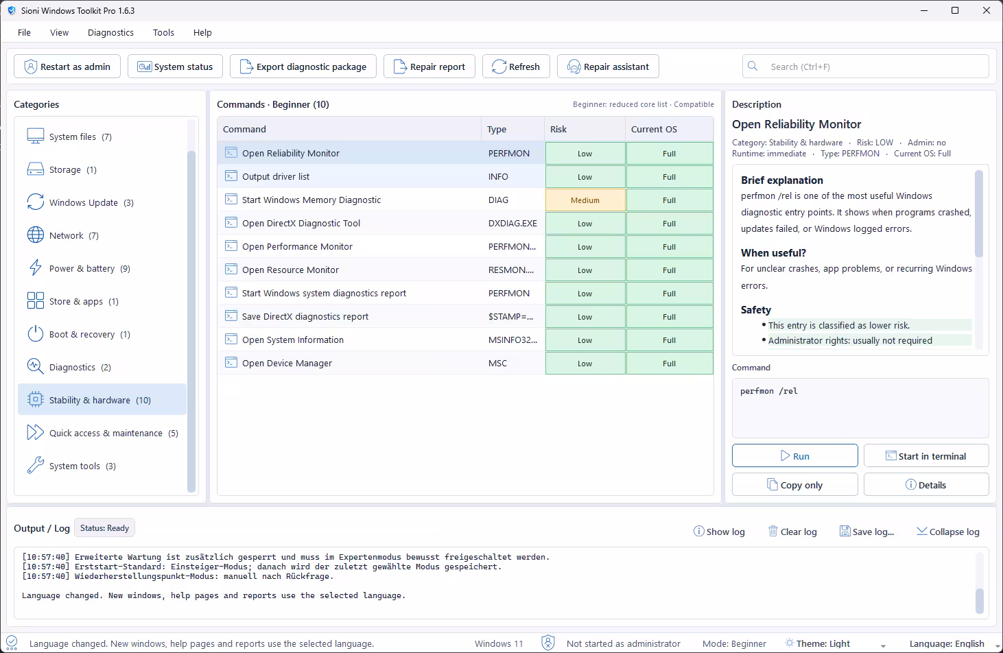 Sioni Windows Toolkit Pro Stability and Hardware category featuring Reliability Monitor, Memory Diagnostic, Performance Monitor, and hardware troubleshooting tools.
