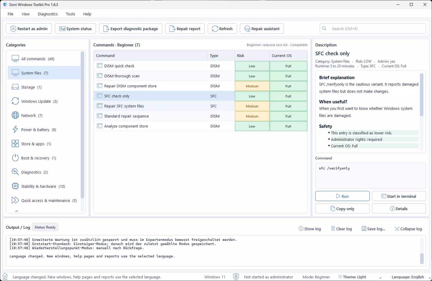 Sioni Windows Toolkit Pro showing System Files category with DISM and SFC repair commands, risk ratings, and detailed command descriptions for Windows 11.