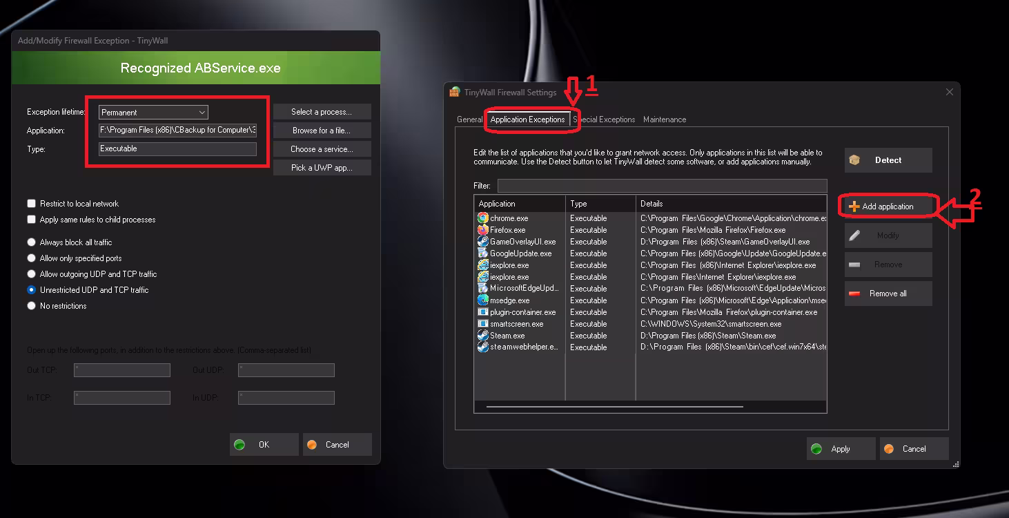 TinyWall Application Exceptions window showing manual firewall rule configuration and app whitelisting options.