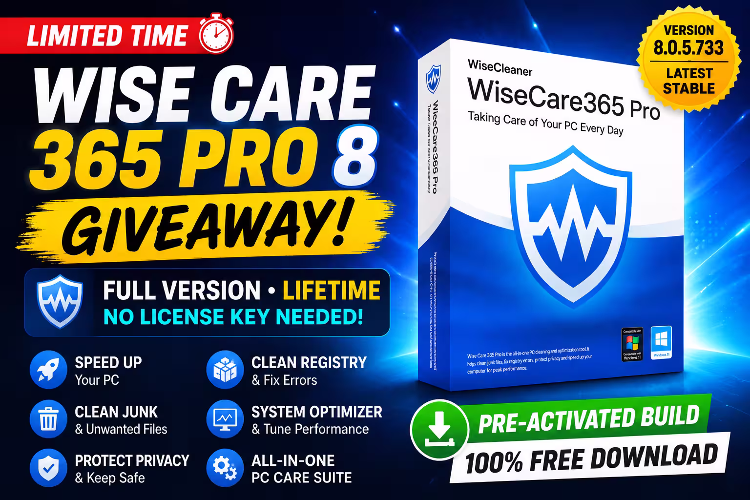 Wise Care 365 Pro 8 free full version giveaway