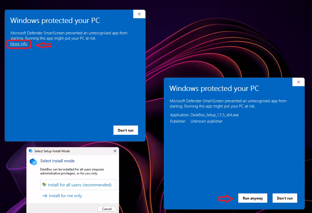 Microsoft Defender SmartScreen warning for DeskBox setup with More info and Run anyway highlighted