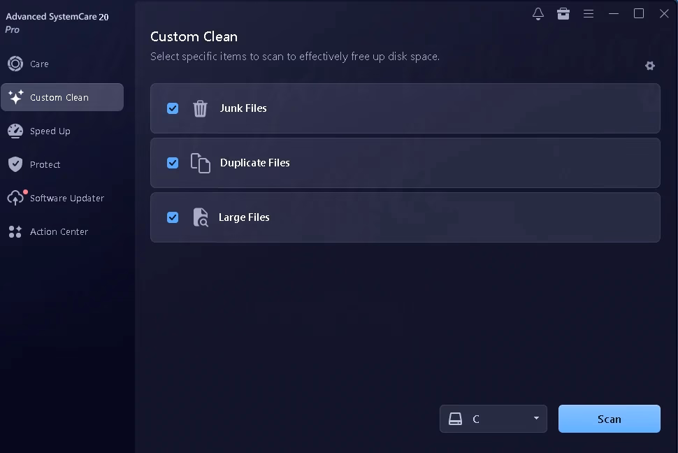 Advanced SystemCare 20 Pro Custom Clean tab with Junk Files, Duplicate Files and Large Files options and drive selector