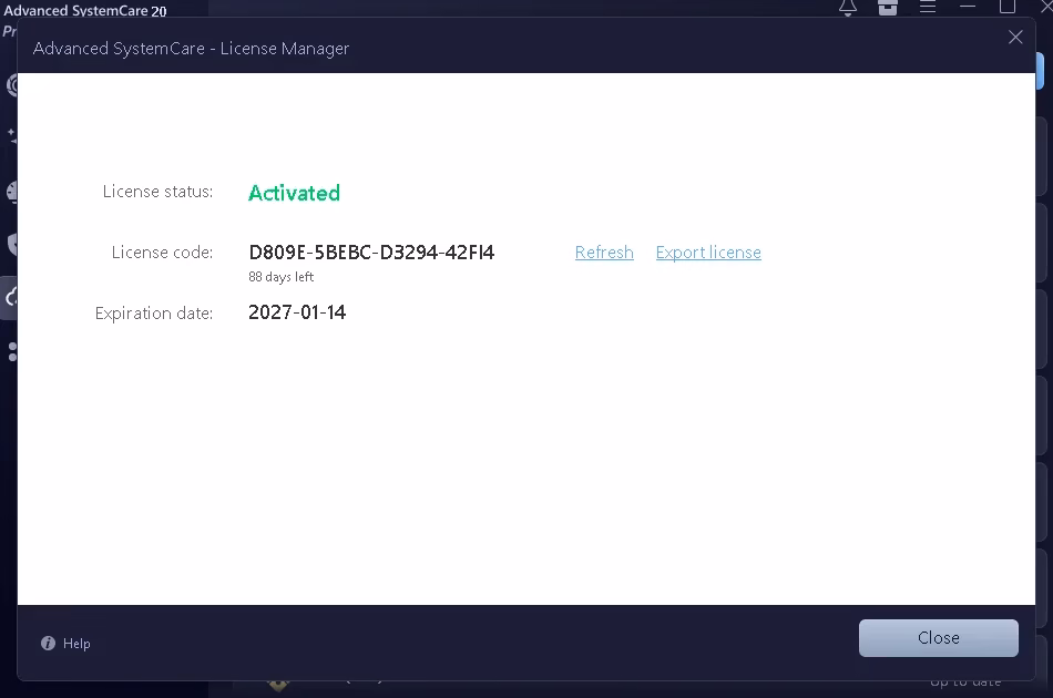 Advanced SystemCare 20 License Manager showing Activated status and expiry date 2027-01-14