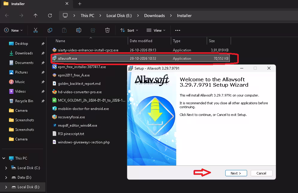 Allavsoft 3.29.7.9791 installation setup wizard running on Windows 11