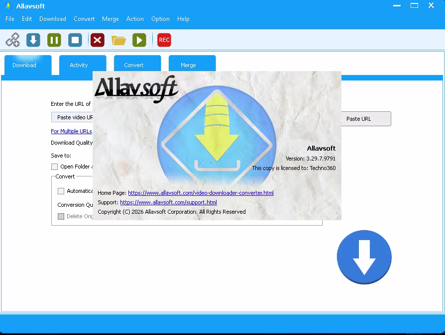 Allavsoft About screen showing version 3.29.7.9791 and licensed status