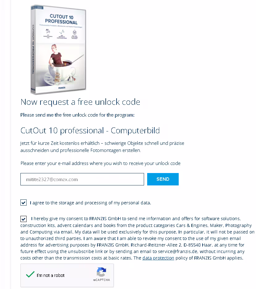 Franzis form to request a free CutOut 10 Professional unlock code, with email field and consent boxes