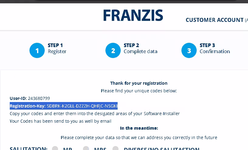 Franzis confirmation page showing the User-ID and Registration-Key for CutOut 10 Professional