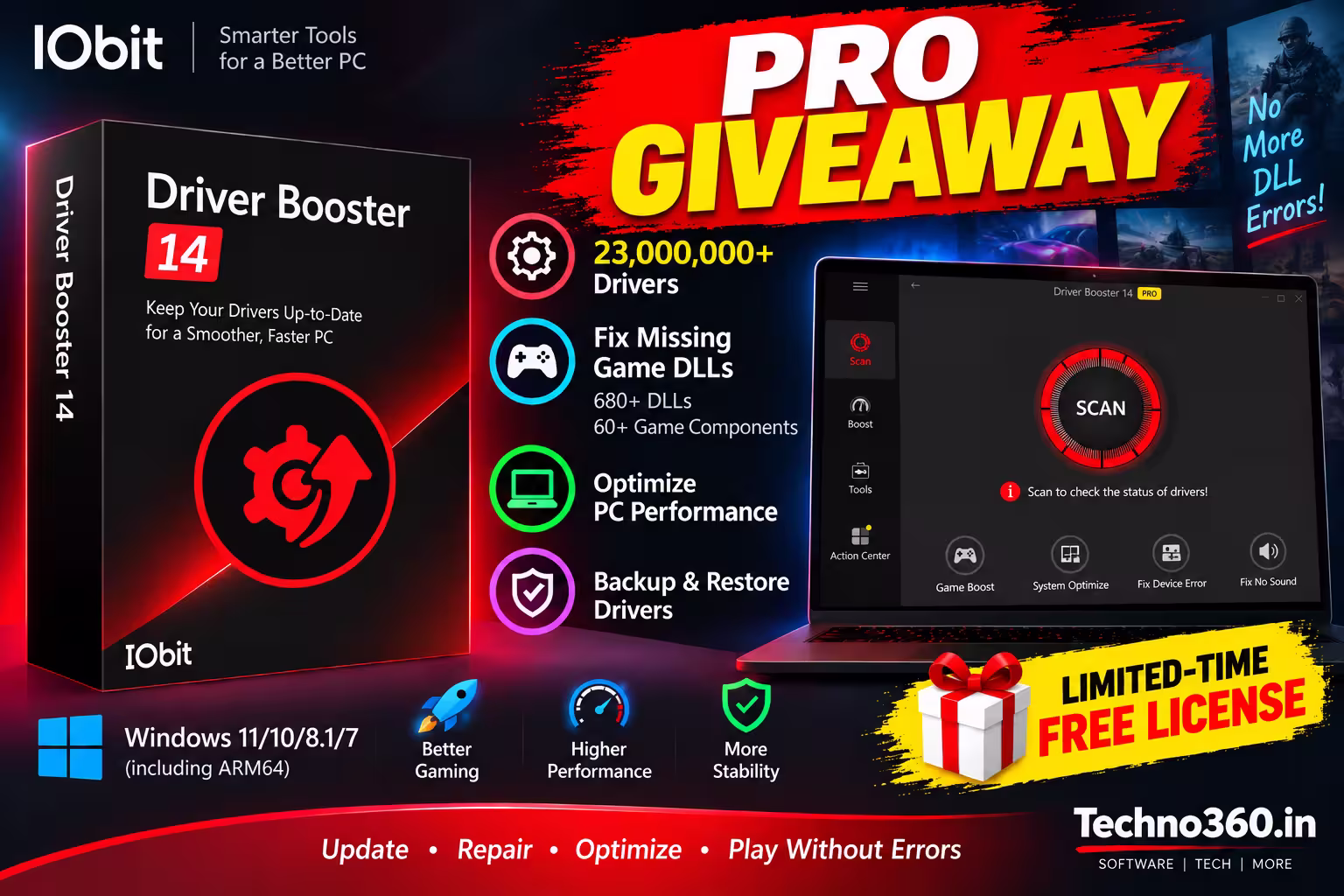 Driver Booster 14 Pro 6-month giveaway featuring 23 million drivers, game DLL repair, and driver backup tools