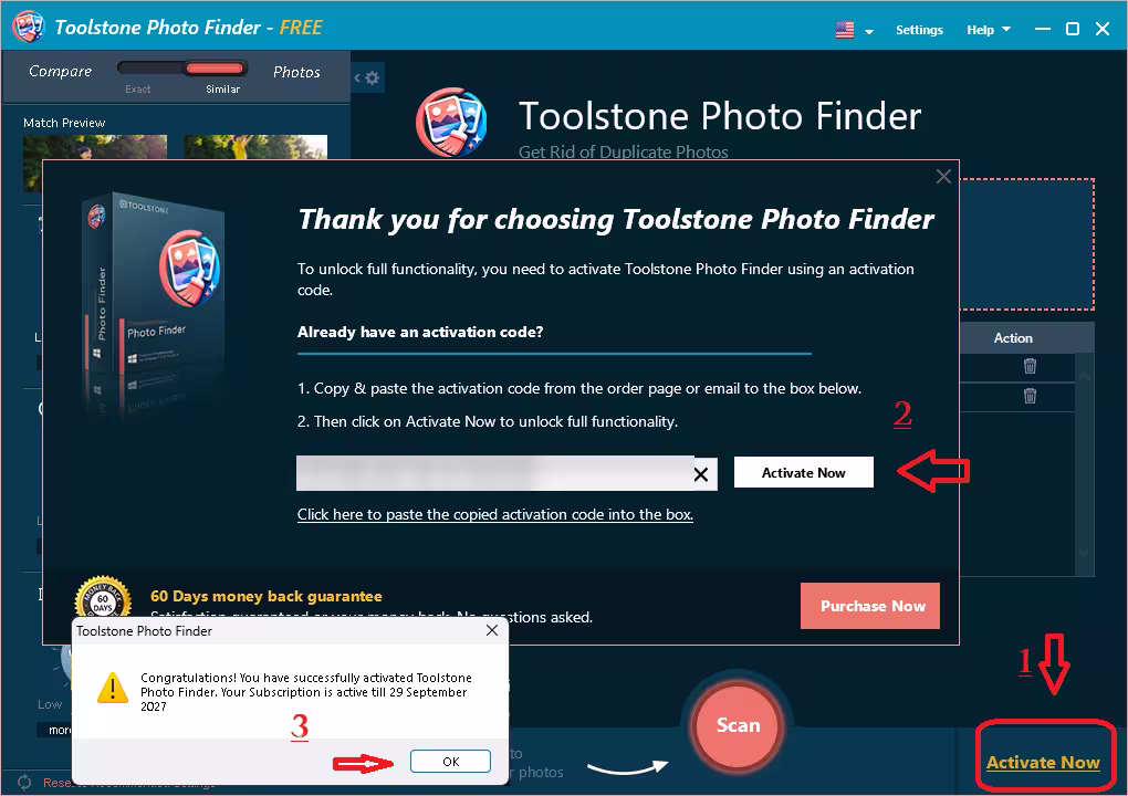 Activating Toolstone Photo Finder Pro with the license code, showing subscription active till 29 September 2027