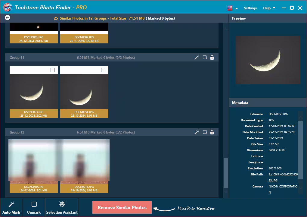 Toolstone Photo Finder showing 25 similar photos in 12 groups with preview and metadata panel