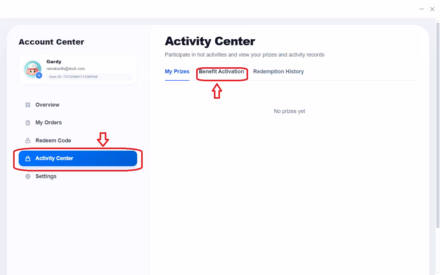 360 Total Security Account Center with Activity Center and Benefit Activation tab