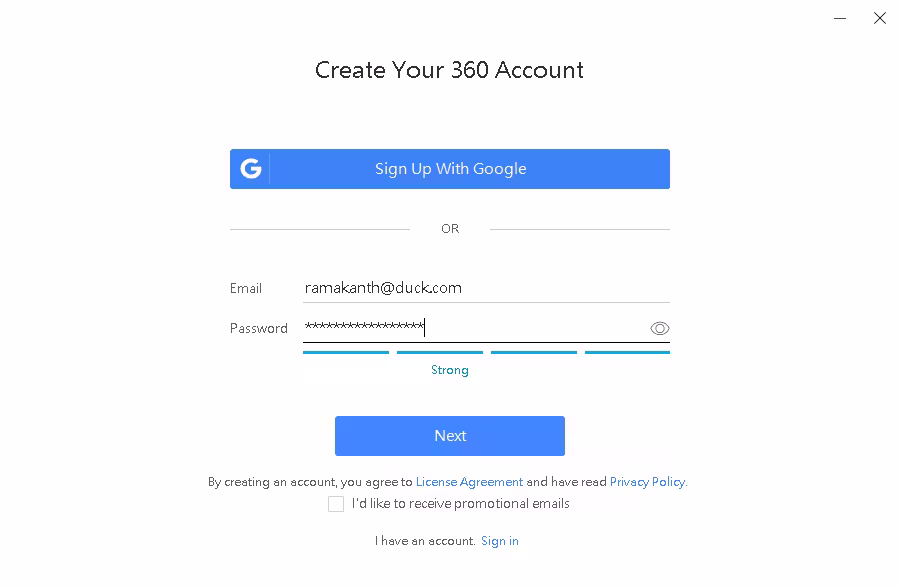 Create a 360 Total Security account using Google or an email address