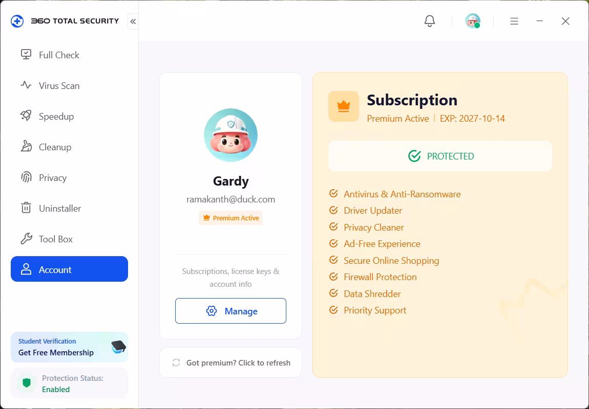 360 Total Security Premium subscription showing active membership and license expiry date