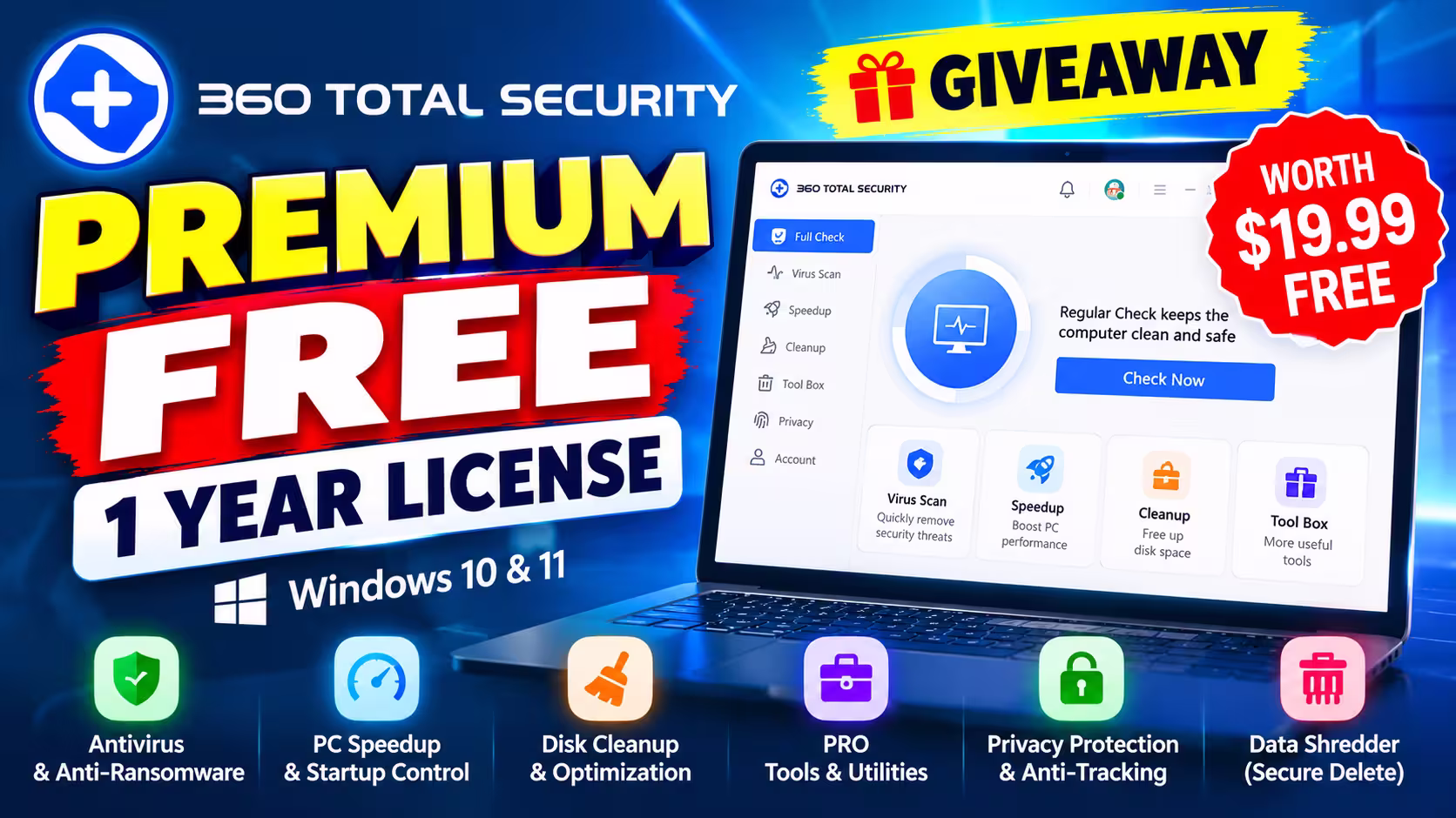 360 Total Security Premium free one-year license giveaway for Windows 10 and Windows 11