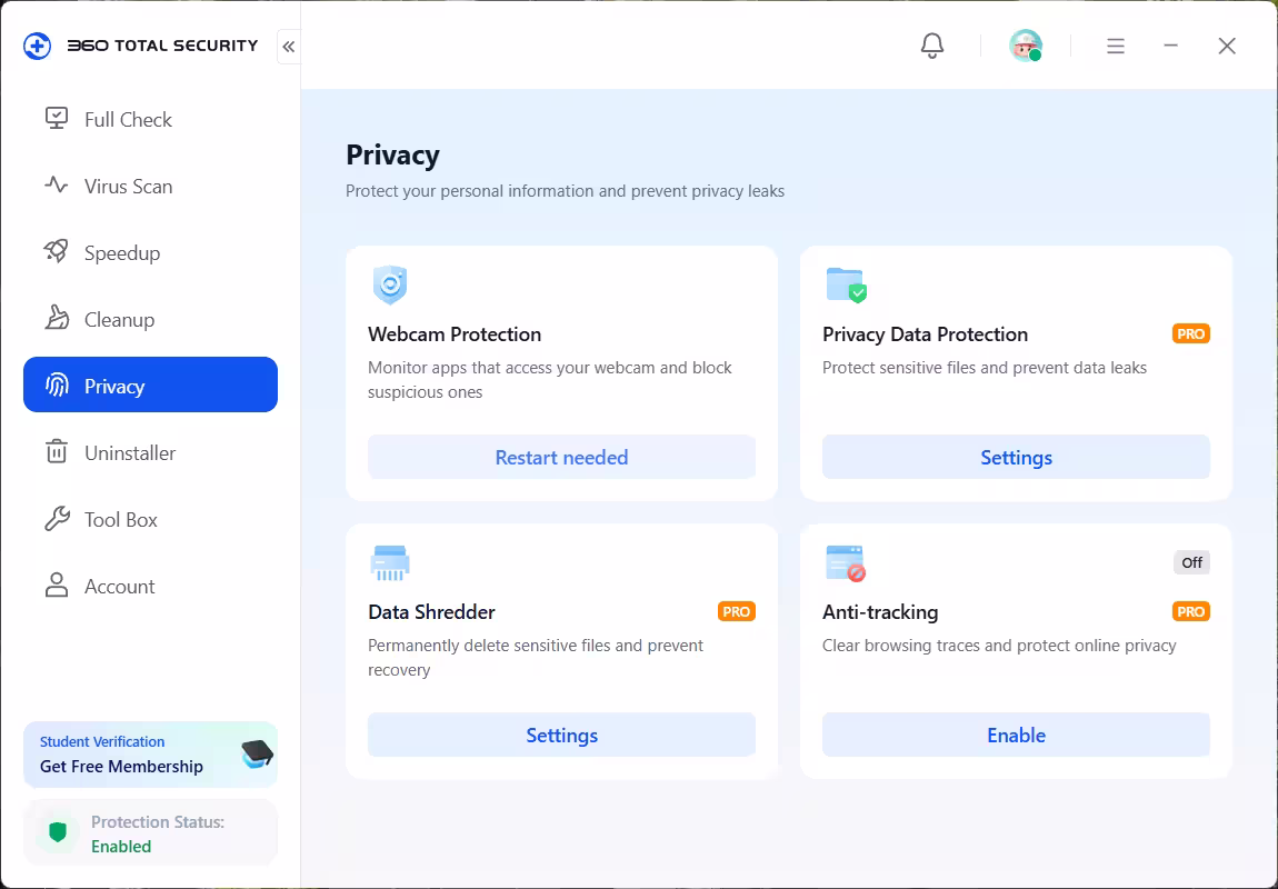 360 Total Security Premium privacy tools including Webcam Protection, Data Shredder and Anti-tracking