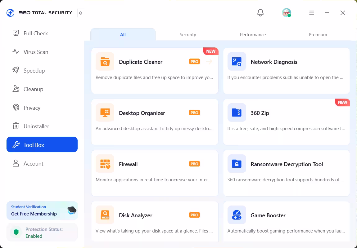 360 Total Security Premium Tool Box showing Firewall, Duplicate Cleaner, Desktop Organizer and Disk Analyzer
