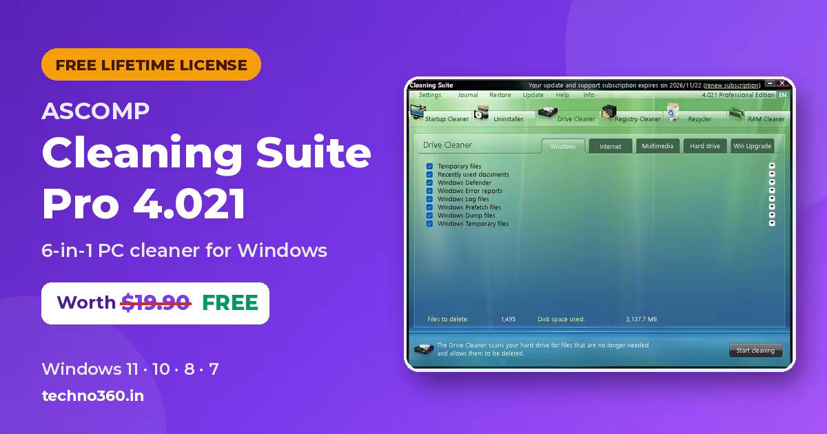 ASCOMP Cleaning Suite Pro 4.021 free lifetime license giveaway, worth $19.90, with the Drive Cleaner screen for Windows 11 and 10